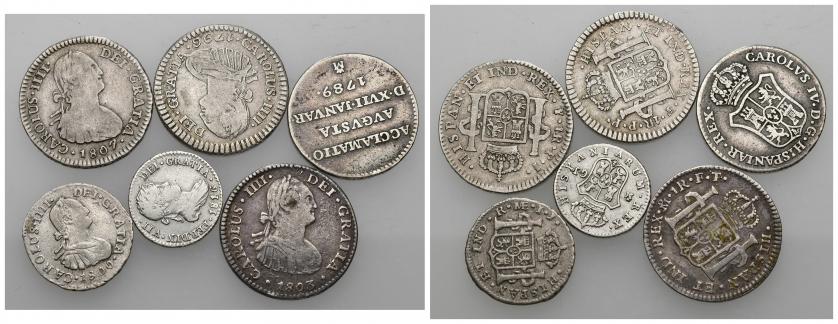 767   -  CARLOS IV. Lote de 6 piezas: 1/2 real (2), 1 real (3) y 1 medalla. Carlos IV (5) y Fernando VII (1). MBC-/MBC.