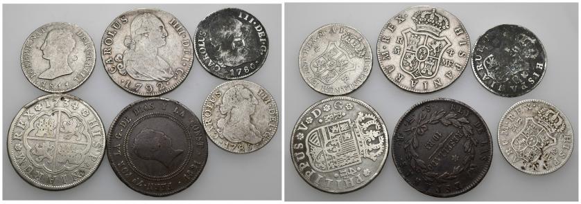 768   -  CARLOS IV. Lote de 6 piezas: 2 reales de Carlos III (2), 4 reales (3: Felipe V con agujero, Carlos IV y José Napoleón) y 10 reales de Fernando VII. BC/MBC-.