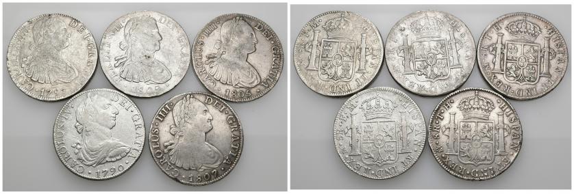 769   -  CARLOS IV. Lote de 5 monedas de 8 reales: Carlos IV (México 1790 FM, 1793 FM, 1805 TH y 1807 TH) y Fernando VII (1809 México TH). MBC-/MBC. 