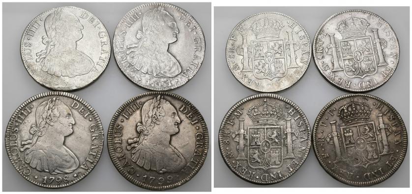 770   -  CARLOS IV. Lote de 4 monedas de 8 reales: México (1791, 1798 y 1801) y Potosí (1799). MBC+/MBC-. 