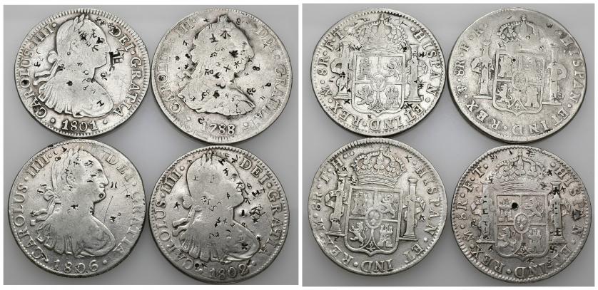 772   -  CARLOS IV. Lote de 4 piezas de 8 reales: Carlos III Potosí (1) y Carlos IV México (3) con resellos orientales. BC+/MBC-.
