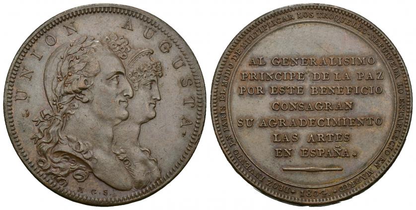 773 - CARLOS IV. Medalla "Al príncipe de la paz". 1804. Grabador: M.G.S. (Sepúlveda). En el canto ACUÑA SUPERFICIE Y CANTO A UN SOLO GOLPE. AE 26,07 g. 40 mm. MPN-311. EBC.