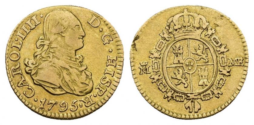 774   -  CARLOS IV. 1/2 escudo. 1795. Madrid. MF. AE 1,73 g. 14,6 mm. VI-874. Pequeños defectos de cospel en la gráfila del rev. MBC-. Rara.