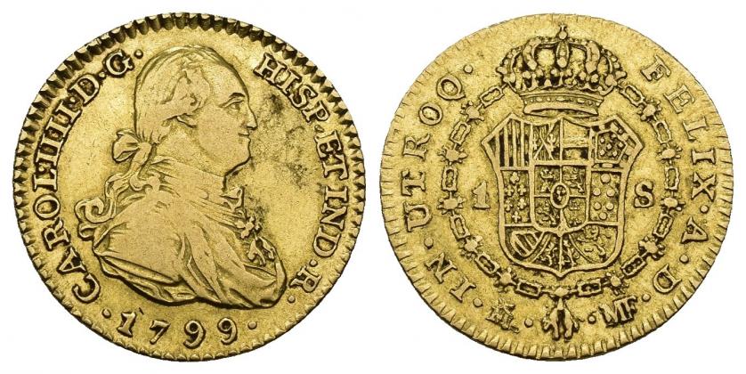 776   -  CARLOS IV. Escudo. 1799. Madrid. MF. AU 3,41 g. 18 mm. VI-913. MBC.