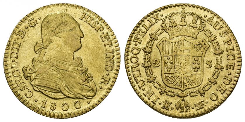778   -  CARLOS IV. 2 escudos. 1800. Madrid. MF. AU 6,75 g. 22,3 mm. VI-1049. Hojita en anv. y acuñación floja en rev. MBC+.