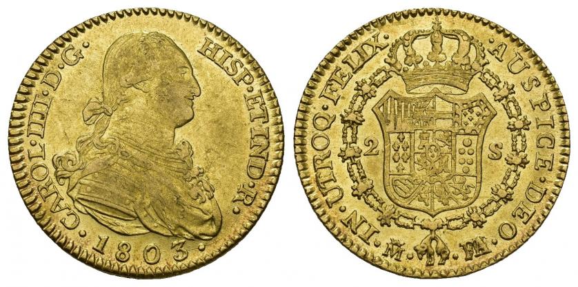 780   -  CARLOS IV. 2 escudos. 1803. Madrid. FA sobre MF. AU 6,82 g. 22,5 mm. VI-1054 vte. R.B.O. MBC/EBC-.