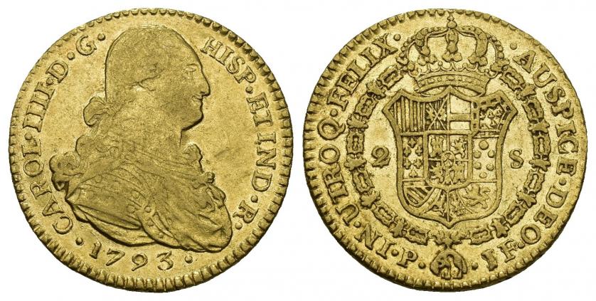 781   -  CARLOS IV. 2 escudos. 1793. Popayán. JF. AU 6,73 g. 21,8 mm. VI-1105.