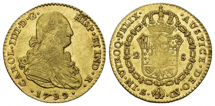 782   -  CARLOS IV. 2 escudos. 1799. Sevilla. CN. AU 6,75 g. 22,5 mm. VI-1160. Rayas de ajuste en anv. y acuñación floja en rev. R.B.O. MBC+/EBC-.
