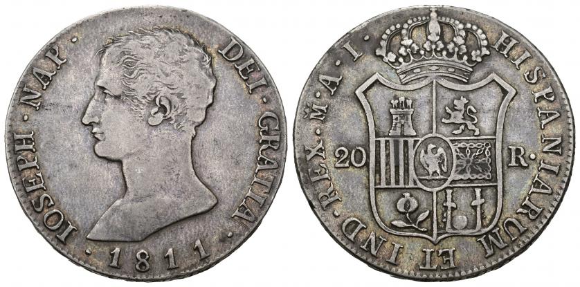 785   -  JOSÉ I NAPOLEÓN. 20 reales. 1811. Madrid. AI. AU 26,83 g. 39,8 mm. VI-34. MBC.