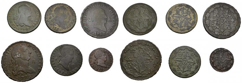 787   -  FERNANDO VII. Lote de 6 piezas: 2 maravedís (1), 4 mrs. (3) y 8 mrs. (2). Carlos III (2), Carlos IV (2) y Fernando VII (2). De BC+ a MBC+.
