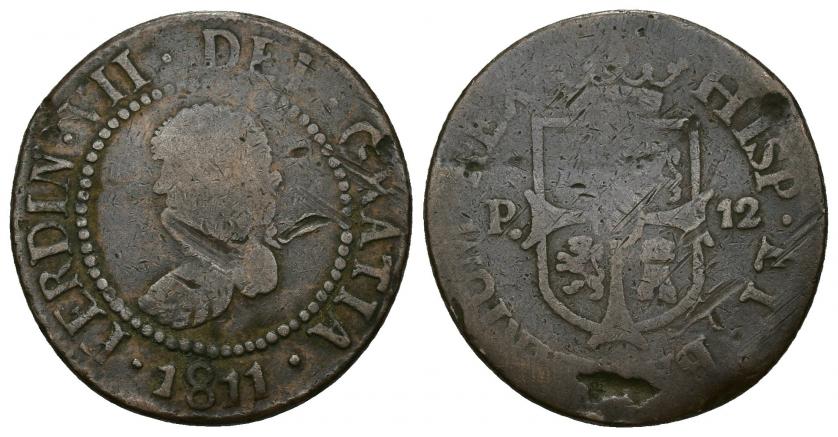789 - FERNANDO VII. 12 dineros. 1811. Mallorca. Posiblemente falsa de época. En cualquier caso, muy rara. Golpes y rayas. BC+/BC-.