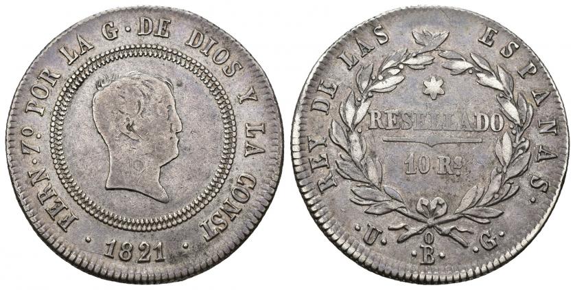 792   -  FERNANDO VII. 10 reales. 1821. Bilbao. UG. AR 13,19 g. 34,33 mm. VI-830. MBC-/MBC.
