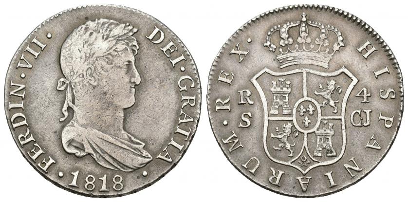 793   -  FERNANDO VII. 4 reales. 1818. Sevilla. CJ. AR 13,4 g. 32,36 mm. VI-929. MBC-/MBC.