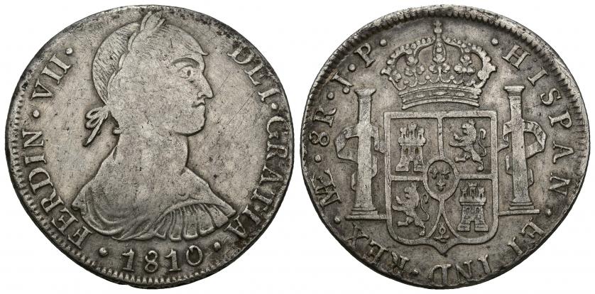 795   -  FERNANDO VII. 8 reales. 1810. Lima. JP. AR 26,92 g. 39,85 mm. VI-1039. Canto perdido en algunas zonas. MBC-/MBC.