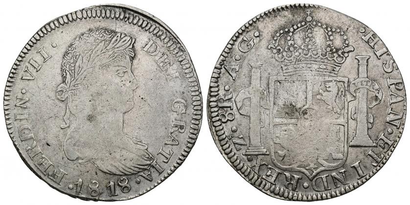 800   -  FERNANDO VII. 8 reales. 1818. Zacatecas. AG. AR 25,80 g. 39,11 mm. VI-1205. Acuñación floja. MBC- para esta serie. 