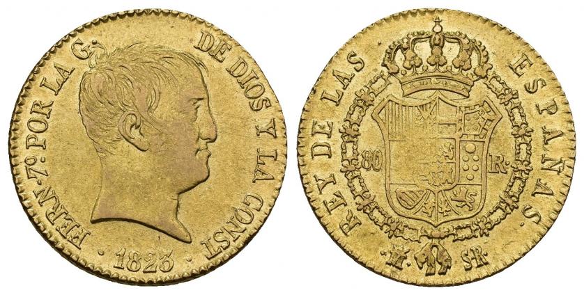 801   -  FERNANDO VII. 80 reales. 1823. Madrid. SR. AU 6,76 g. 21,78 mm. VI-1345. Vano en rev. MBC+/EBC-.