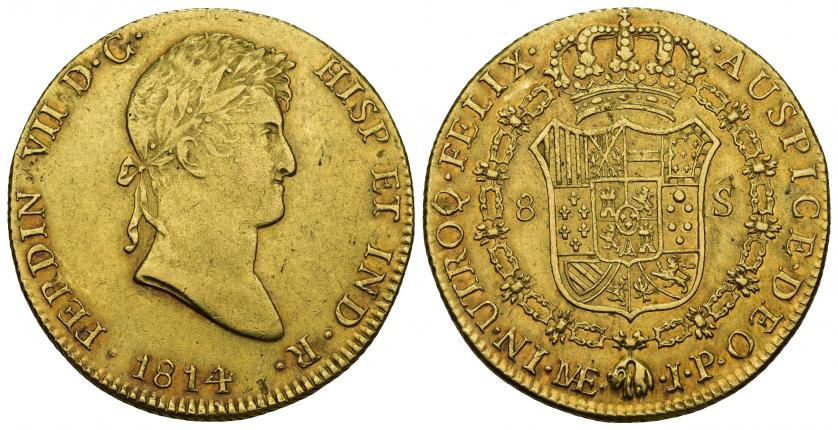802   -  FERNANDO VII. 8 escudos. 1814. Lima. JP. AU 27,11 g. 36,2 mm. VI-1466. MBC+.