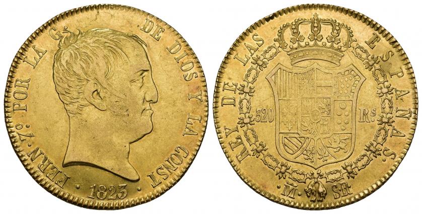804   -  FERNANDO VII. 320 reales. 1823. Madrid. SR. AU 26,98 g. 35,7 mm. VI-1480. Acuñación floja en rev. R.B.O. MBC+/EBC. Rara.
