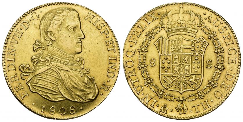 806   -  FERNANDO VII. 8 escudos. 1808. México. TH. AU 26,98 g. 36,62 mm. VI-1481. Limadura en canto para obtenr polvo de oro. R.B.O. EBC-.