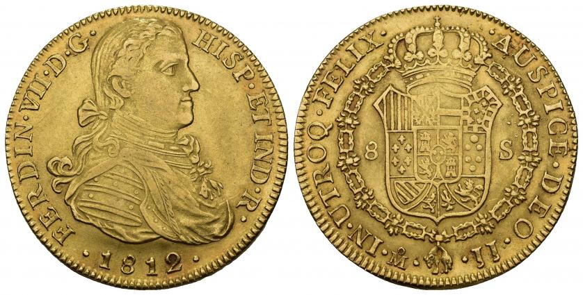 807   -  FERNANDO VII. 8 escudos. 1812. México. JJ. AU 27,02 g. 37,13 mm. VI-1486. Leve vano en rev. MBC+.