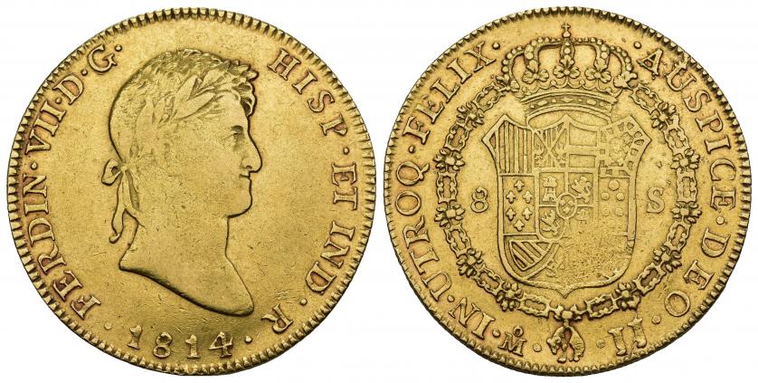808 - FERNANDO VII. 8 escudos. 1814. México. JJ. AR 26,99 g. 36,9 mm. VI-1487. Leve vano en rev. MBC.