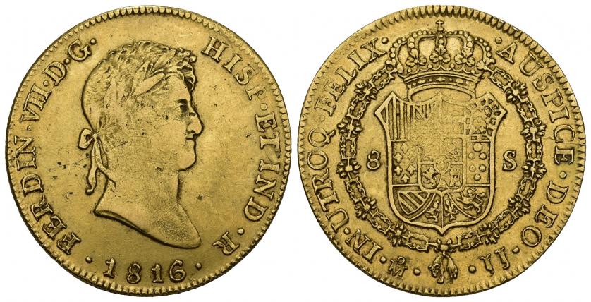 809   -  FERNANDO VII. 8 escudos. 1816. México. JJ. AU 27 g. 37,24 mm. VI-1490. Fina raya y marcas en anv. y vano en rev. MBC.