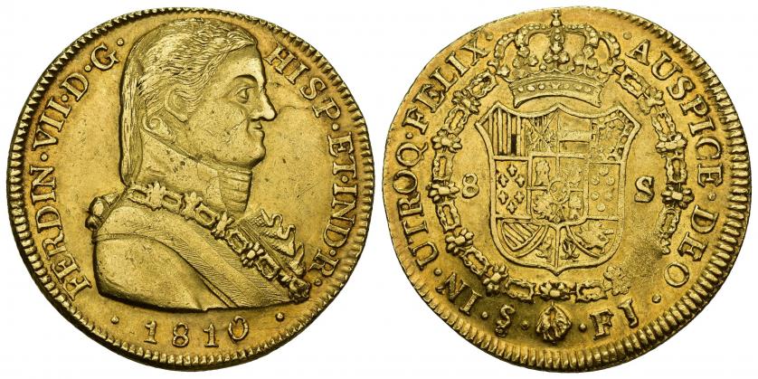 811   -  FERNANDO VII. 8 escudos. 1810. Santiago. FJ. Marca de ceca invertida. AU 27,06 g. 38,2 mm. VI-1535. Pequeñas marcas. Ligero vano en rev. MBC+. Rara.