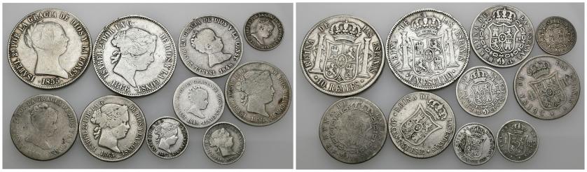 812   -  ISABEL II. Lote de 10 piezas de Isabel II: 1 real (2), 10 céntimos de escudo (1), 2 reales (1), 4 reales (3), 40 céntimos de escudo (1), 10 reales (1) y 1 escudo (1). BC- a MBC-.