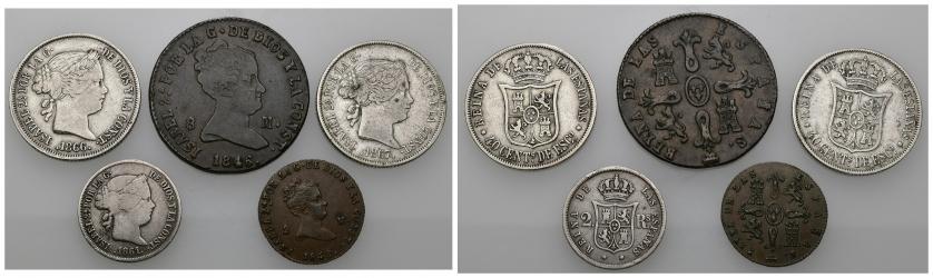 813   -  ISABEL II. Lote de 5 piezas de Isabel II: 2 y 8 maravedís, 2 reales y 40 céntimos de escudo (2). MBC-/MBC+.