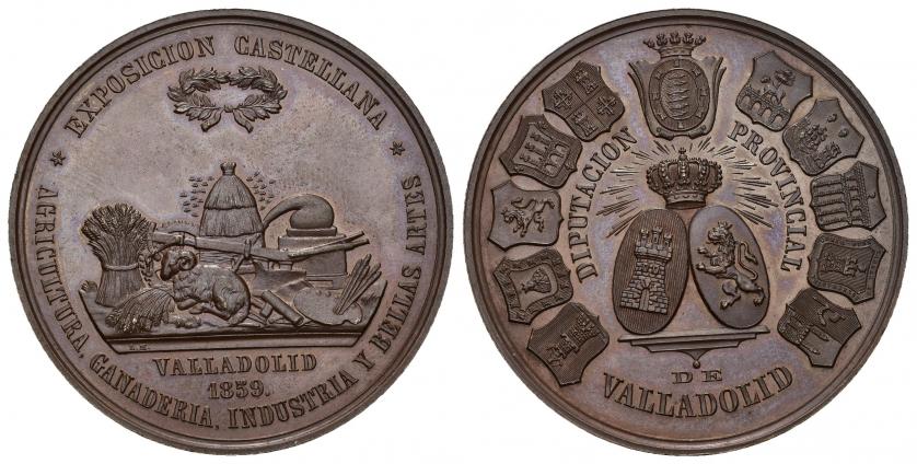 814   -  ISABEL II. Medalla. Exposición castellana. Diputación Provincial. Valladolid. 1859. Grabador: L.M. (Luis Marchionni). AE 51,89 g. 46,5 mm. MPN-702. SC.
