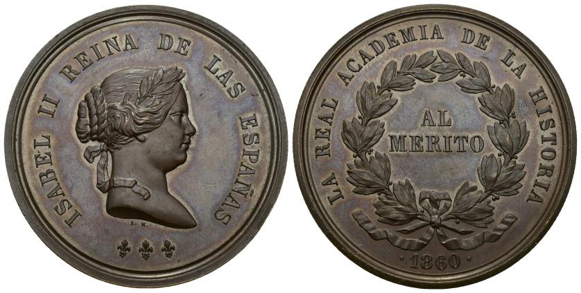 815   -  ISABEL II. Medalla. Real Academia de la Historia. "Al Mérito". 1860. Grabador: L. M. (Luis Marchionni). AE 49,99 g. 45 mm. SC.