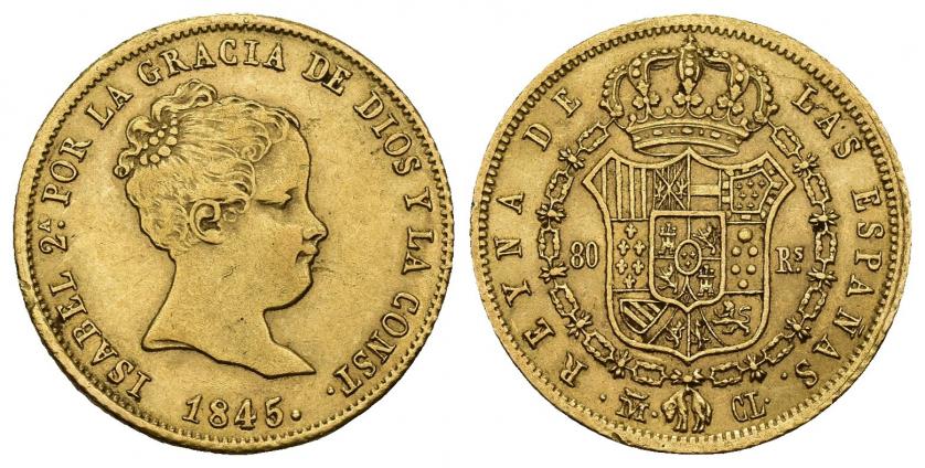 817   -  ISABEL II. 80 reales. 1845. Madrid. CL. AU 6,76 g. 21,11 mm. VI-603. Pequeñas marcas. MBC/MBC+.
