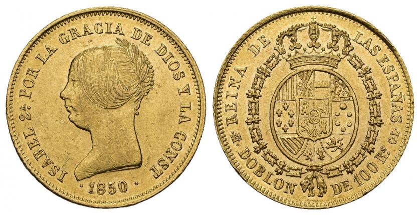 818   -  ISABEL II. Doblón de 100 reales. 1850. Madrid. CL. AU 8,24 g. 22,03 mm. VI-626. R.B.O. EBC/EBC+.