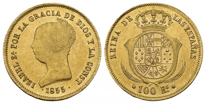 819   -  ISABEL II. 100 reales. 1855. Barcelona. AU 8,38 g. 22,04 mm. VI-631. Finas rayitas. R.B..O. EBC+.