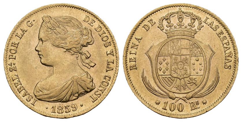 820   -  ISABEL II. 100 reales. 1859. Barcelona. AU 8,37 g. 22,05 mm. VI-635. EBC/EBC-.