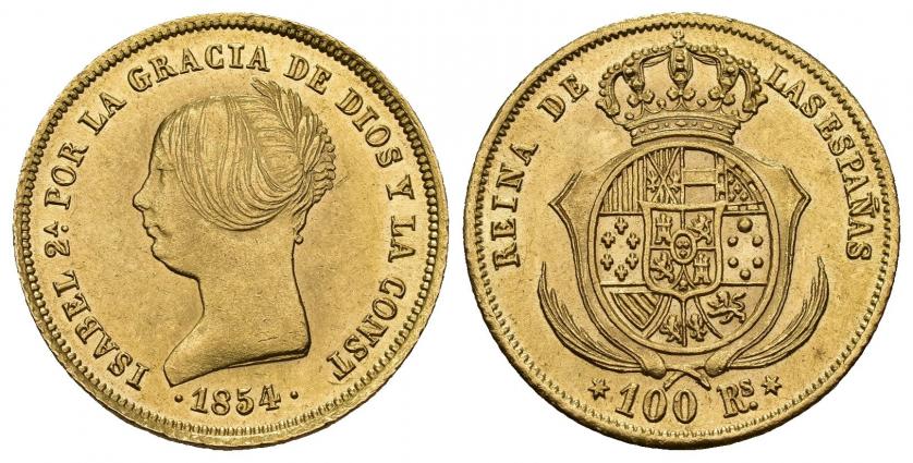 821   -  ISABEL II. 100 reales. 1854. Madrid. AU 8,42 g. 22,04 mm. VI-641. Rayita. R.B.O. EBC+. 