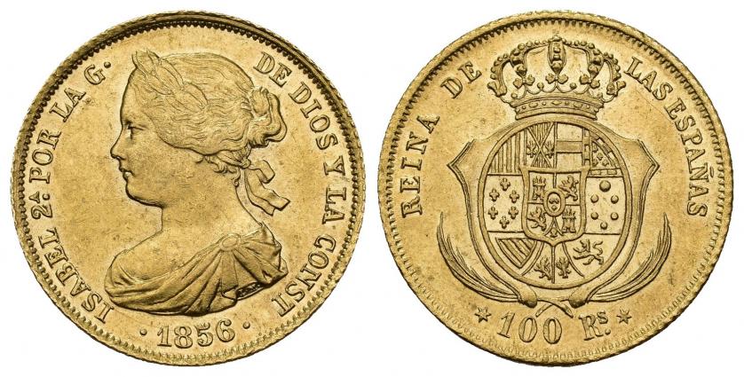 822   -  ISABEL II. 100 reales. 1856. Madrid. AU 8,36 g. 22,25 mm. VI-643. R.B.O. EBC+.