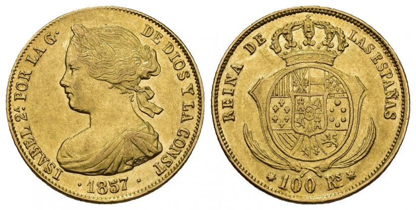 823   -  ISABEL II. 100 reales. 1857. Sevilla. AU 8,4 g. 22,09 mm. VI-657. R.B.O. EBC-.