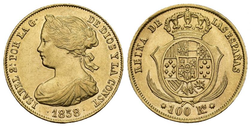 824   -  ISABEL II. 100 reales. 1858. Sevilla. AU 8,39 g. 21,92 mm. VI-658. Pequeñas marcas. R.B.O. EBC. 