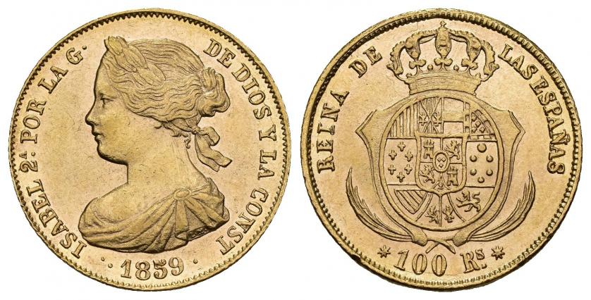 825   -  ISABEL II. 100 reales. 1859. Sevilla. AU 8,36 g. 21,88 mm. VI-659. Pequeñas marcas. EBC+.