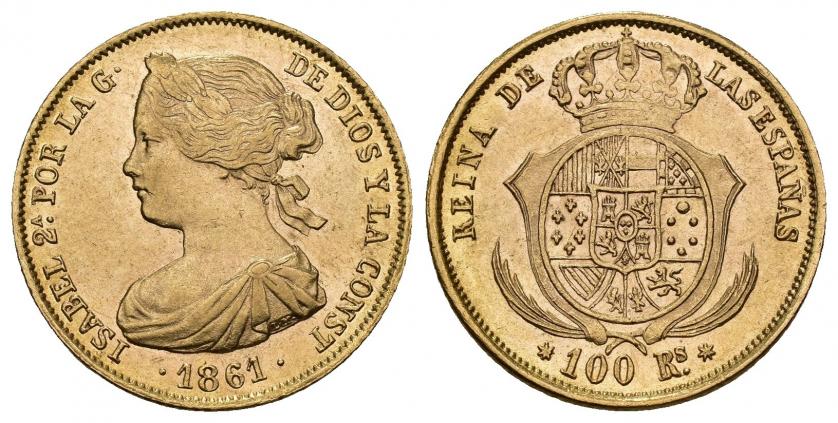 827   -  ISABEL II. 100 reales. 1861. Sevilla. AU 8,42 g. 22,18 mm. VI-661. EBC.