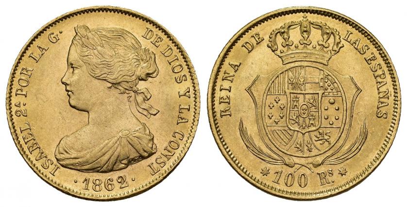828   -  ISABEL II. 100 reales. 1862. Sevilla. AU 8,4 g. 22,22 mm. VI-662. EBC+.
