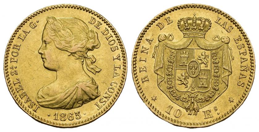 829   -  ISABEL II. 10 escudos. 1865. Madrid. AU 8,34 g. 22,23 mm. VI-665. EBC-/EBC. Muy escasa.
