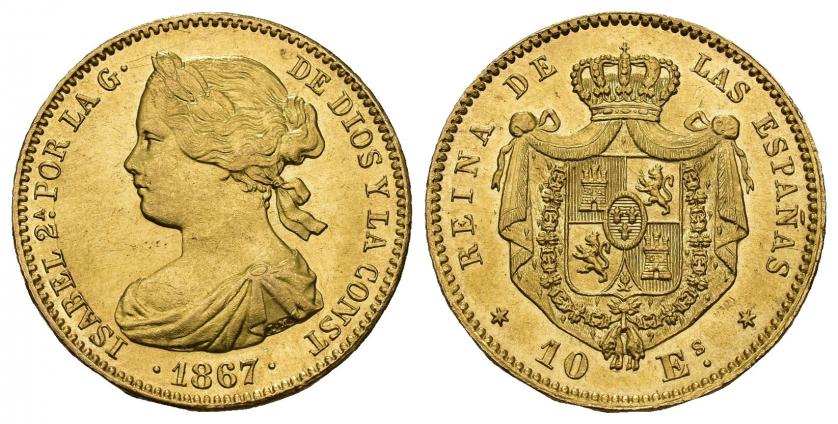 831   -  ISABEL II. 10 escudos. 1867. Madrid. AU 8,36 g. 22,35 mm. VI-667. SC.