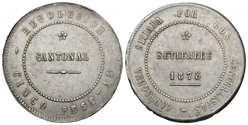 834   -  REVOLUCIÓN CANTONAL. 5 pesetas. 1873. Cartagena. Coincidente sobre eje horizontal. AR 28,7 g. 37,43 mm. VII-29. Pequeñas marcas. MBC+.