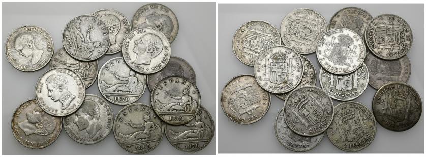 835   -  ALFONSO XII. Lote de 14 piezas de 2 pesetas de 1869 a 1905, casi todas diferentes. MBC-/MBC+.