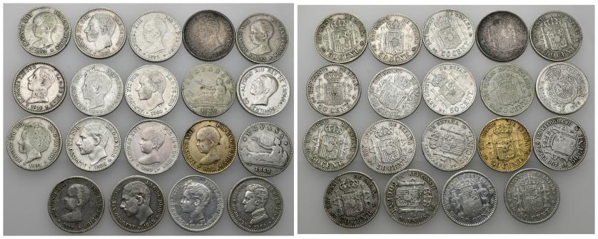 839   -  ALFONSO XIII. Colección de 19 monedas de 50 céntimos de 1869 a 1926, incluyendo 1870, 1889, 1892 sobre 89*2-2(1) 8-2 (3) y 1896. De RC+ a EBC-.