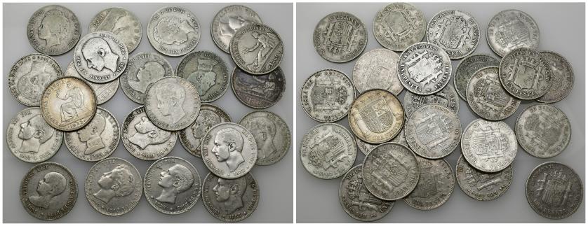 840   -  ALFONSO XIII. Colección de 23 monedas de 1 peseta diferentes, de 1869 a 1933, incluyendo 1869 España, 1881, 1889, 1893, 1894 y 1905. De BC+ a SC.