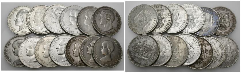 841   -  ALFONSO XIII. Colección de 25 monedas de 5 pesetas diferentes: Gobierno Provisional (1), Amadeo I (2), Alfonso XII (10), Alfonso XII (12), incluyendo 1879 1893 PGV.MBC-/MBC+.