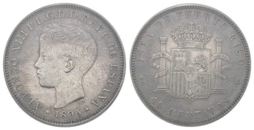 844   -  ALFONSO XIII. 40 centavos. 1896. Puerto Rico. PGV. VII-176. Limpiada. EBC-. Encapsulada. 